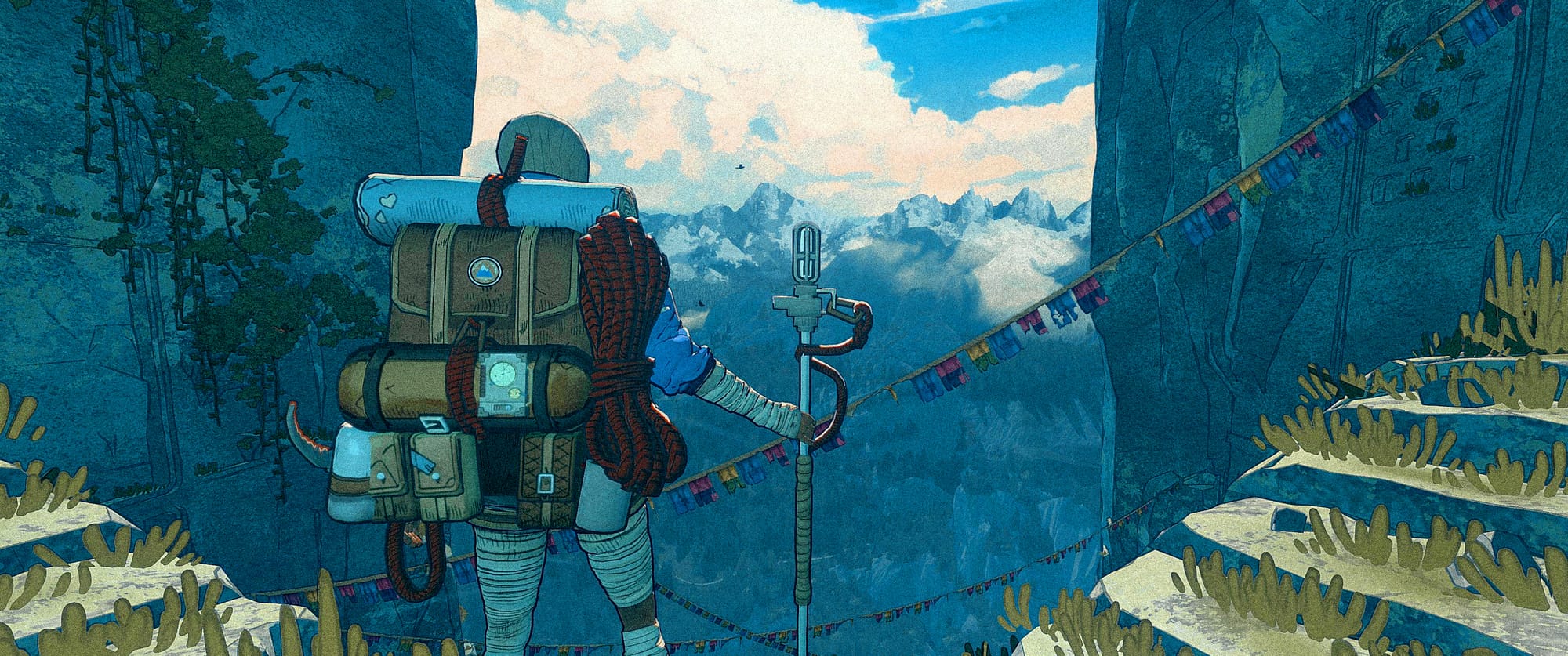 The main character of Cairn, Aava, overlooks a mountain range, while standing on the top of a cliff she had just climbed.