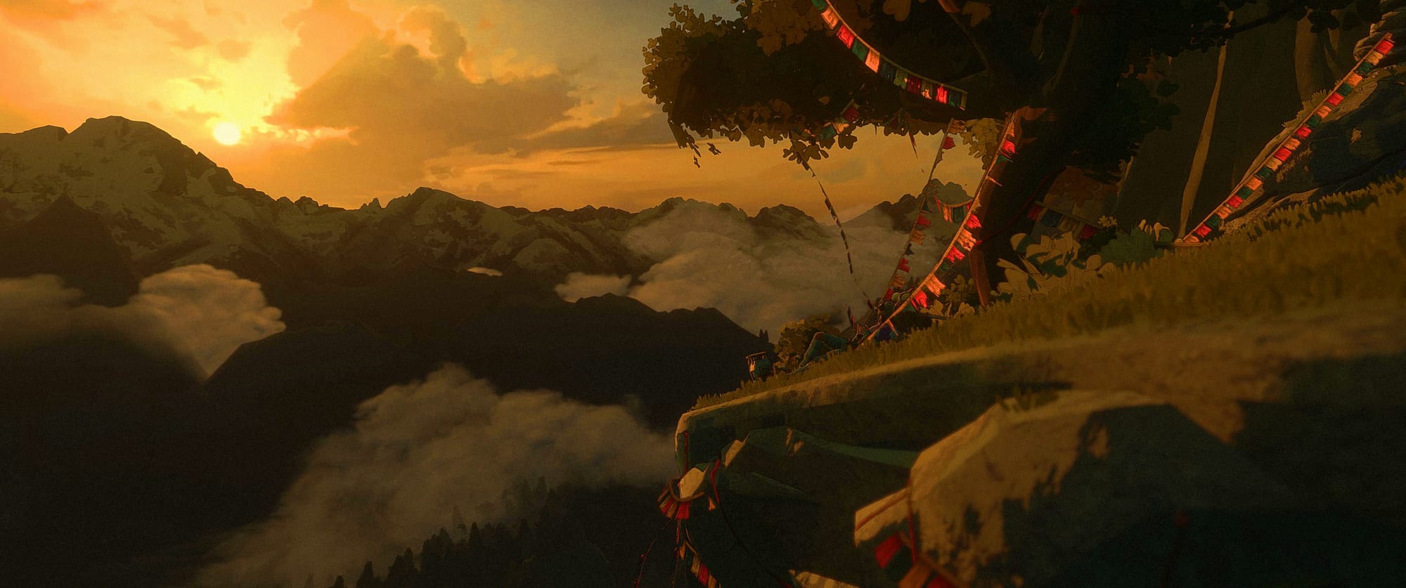 The main character of Cairn, Aava, sits under a tree on a cliff edge during sunset