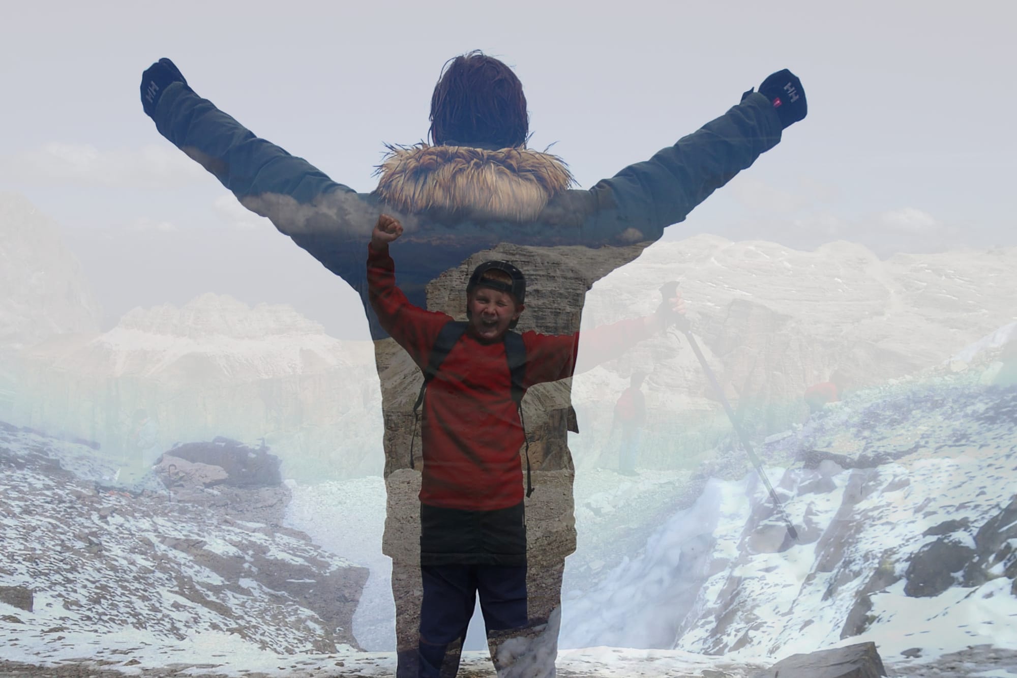 A dual exposure photo. Big me celebrates with his fists in the air in celebration of a peak, and inside is little me, doing the same celebration many years earlier..